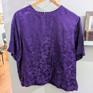 Vintage Peaches & Smith 100% Silk Retro Purple Rose Short Sleeve Top Size Large